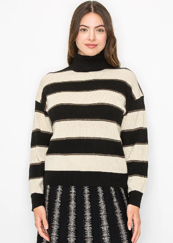 Women's Work Outfit For The Office Black and Cream Striped Pullover with Turtleneck