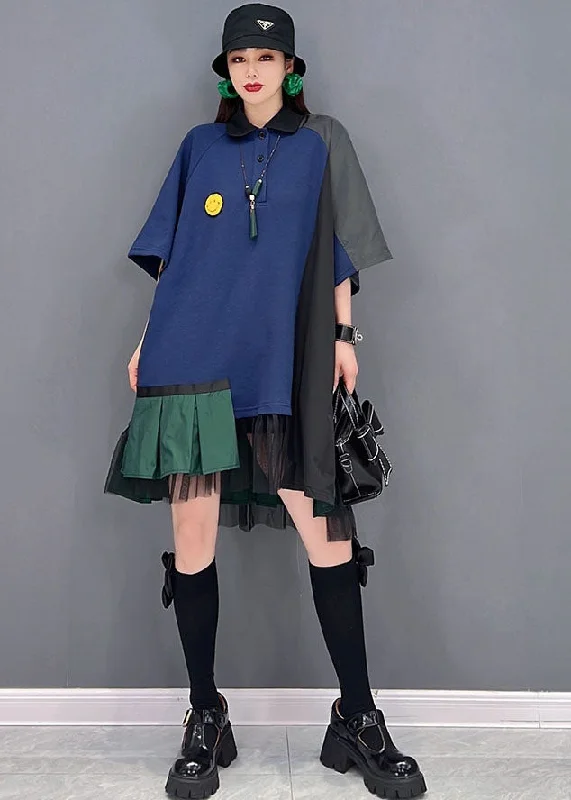 Women's Urban Clothing French Blue Asymmetrical Tulle Patchwork Cotton Shirt Mid Dress Short Sleeve