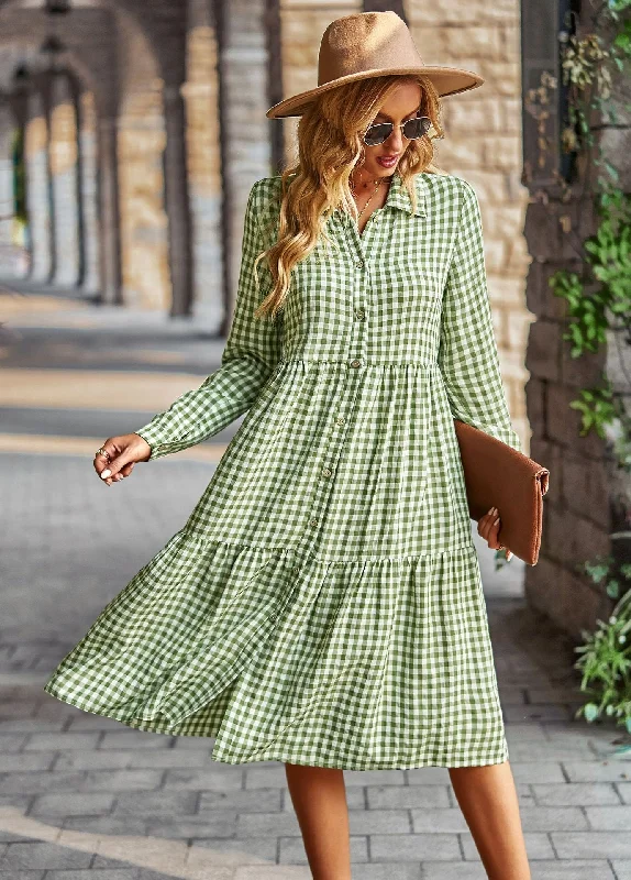 Women's Occasion Wear Apparel FashionSierra - Plaid Print A-line Long Sleeve Shirt Dress