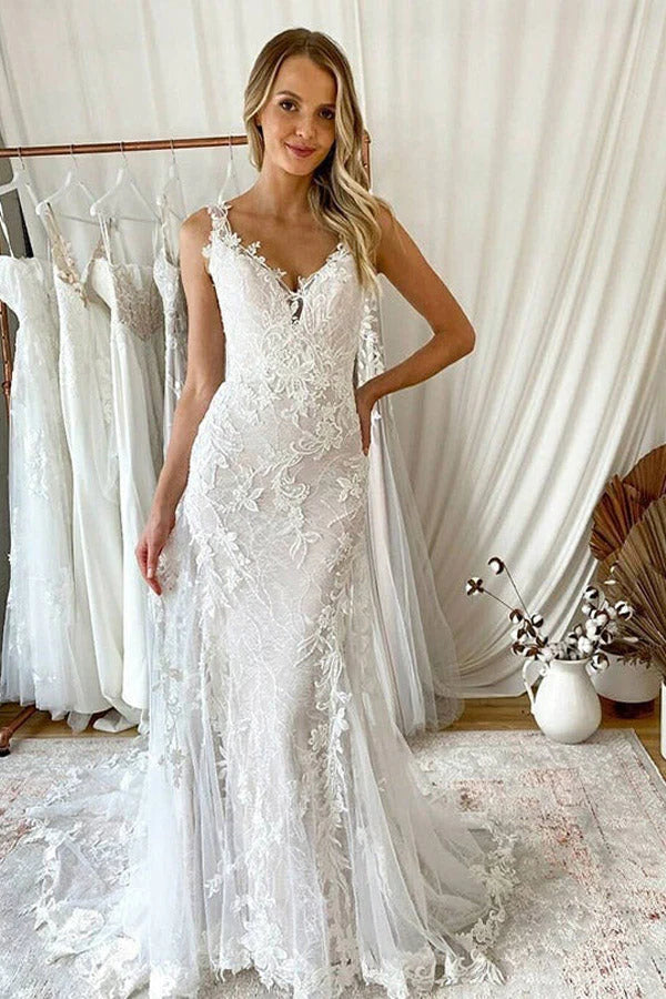 Classic Women's Apparel Mermaid Sleeveless V Neck With Applique Tulle Wedding Dresses