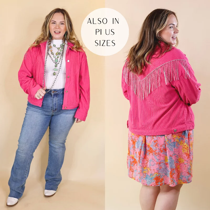 Women's Comfortable Lounge Garments Signature Moves Button Up Corduroy Jacket with Crystal Fringe Back in Hot Pink
