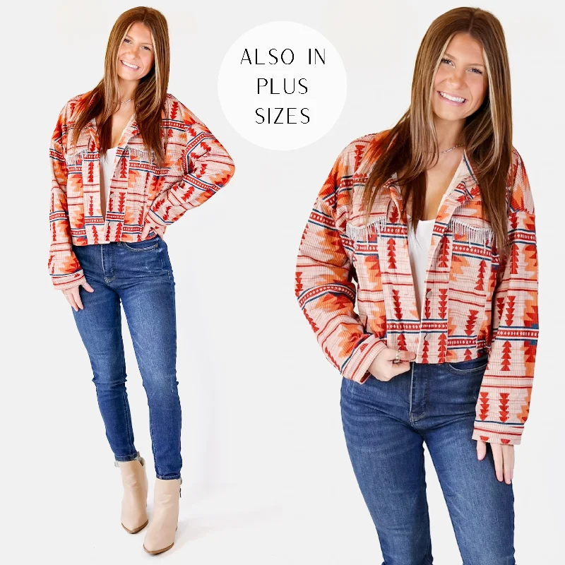 Women's Outerwear Apparel Chic Discovery Button Up Corduroy Aztec Print Jacket with Crystal Fringe in Orange Mix