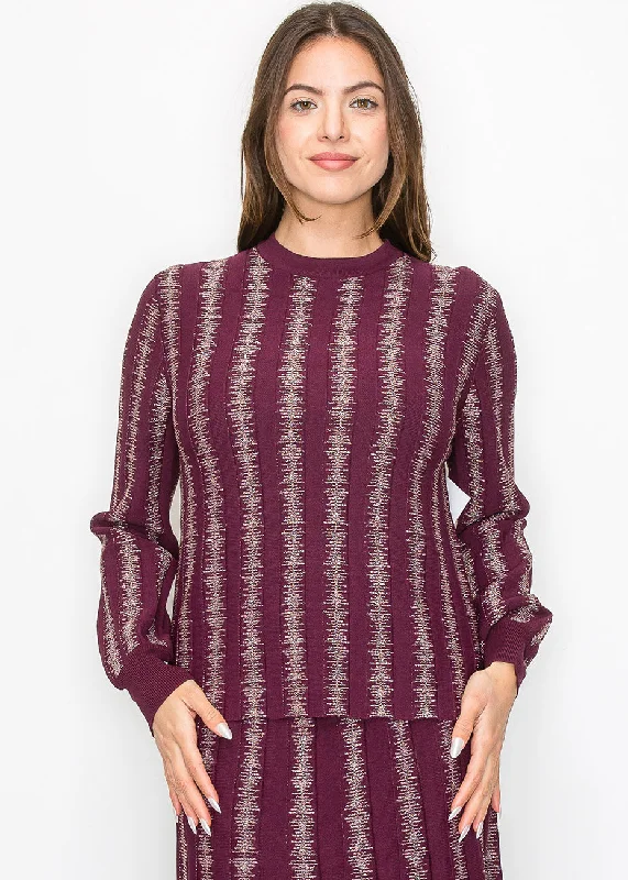 Women's Relaxed Clothes Burgundy Top with Shimmering Stripe Details