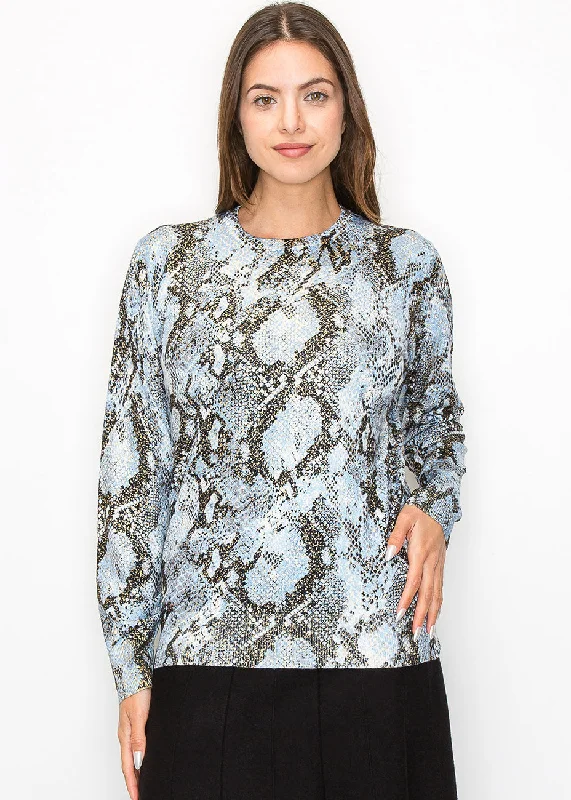 Fashionable Women's Outfit Blue Snake Print Long Sleeve Top