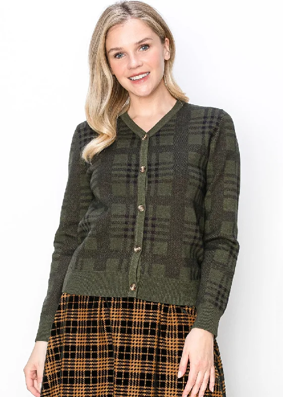 Formal Garments For Women Classic Olive Plaid Cardigan