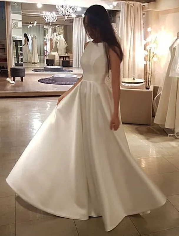 Affordable Women's Apparel Reception Casual Wedding Dresses A-Line Scoop Neck Sleeveless Sweep / Brush Train Satin Bridal Gowns With