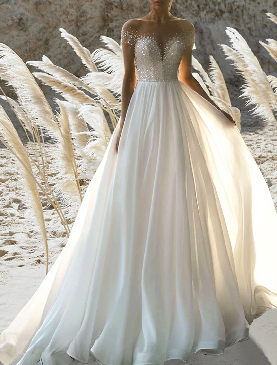 Women's Sports Apparel Beach Formal Wedding Dresses A-Line Off Shoulder Short Sleeve Court Train Chiffon Bridal Gowns With Pleats Beading