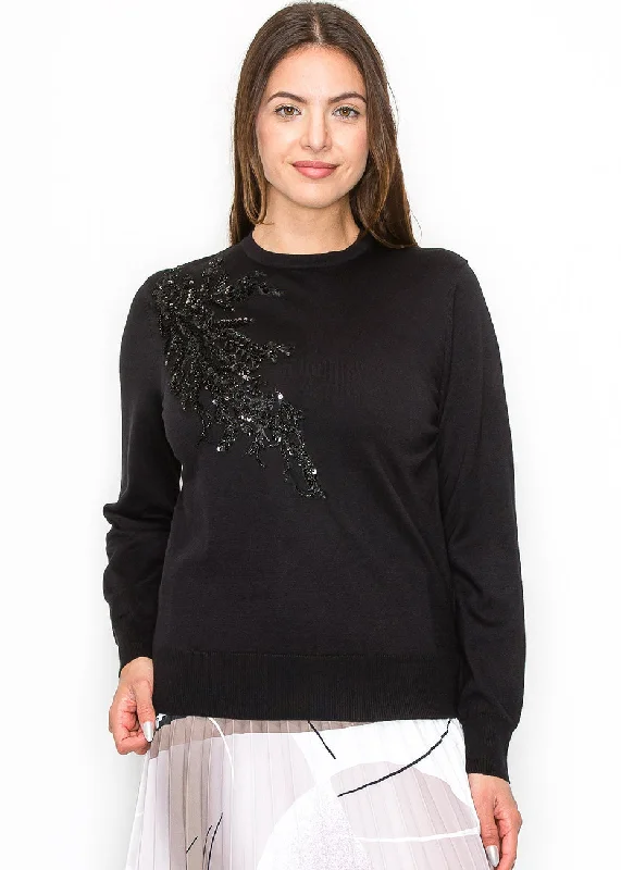 Women's High-Fashion Garments Embellished Black Knit Pullover