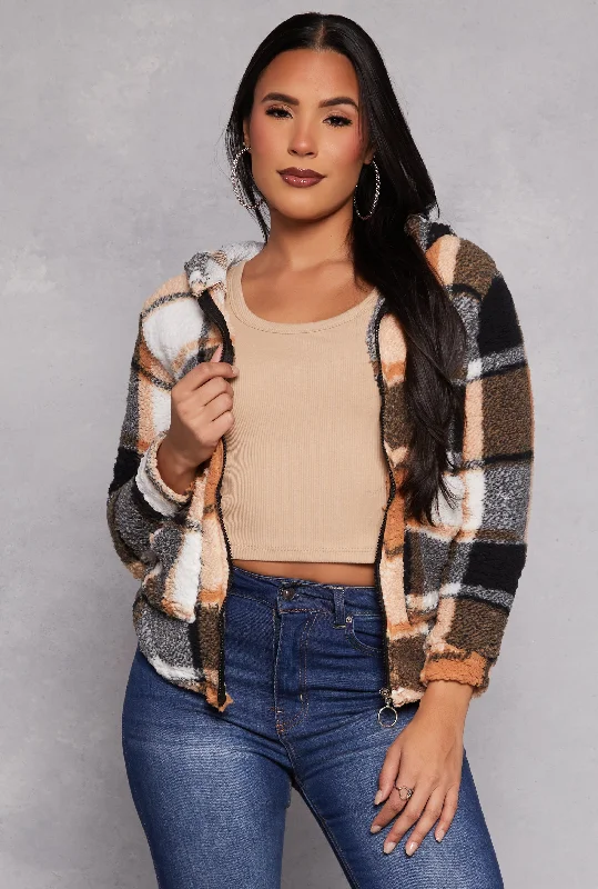 Vintage-Inspired Women's Clothes Sherpa Plaid Zip Front Hoodie
