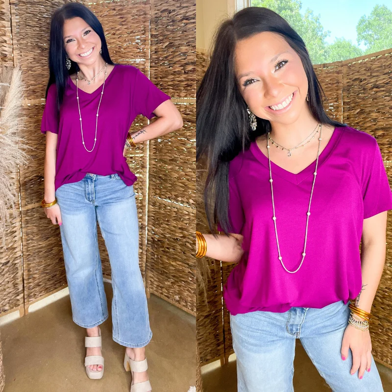Women's Chic Outerwear Garments Last Chance Size Small & Medium | It's That Simple Solid V Neck Tee in Magenta Purple Women's Chic Outerwear Garments Last Chance Size Small & Medium | It's That Simple Solid V Neck Tee in Magenta Purple