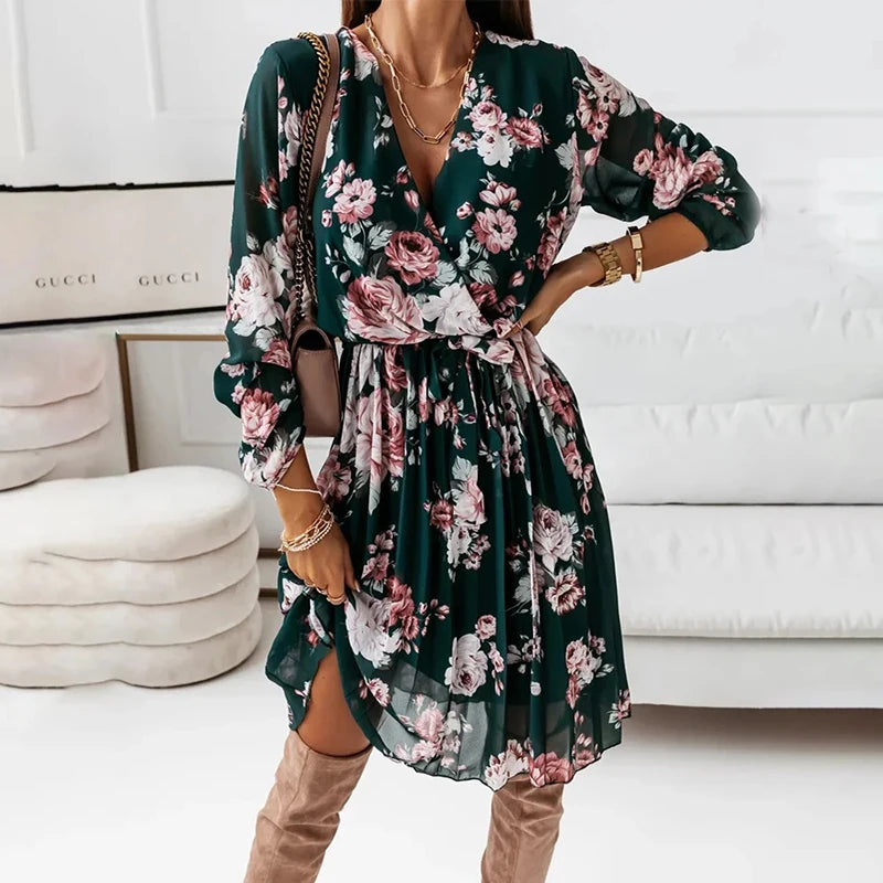 Women's Casual Wear Clothes Chiffon Floral Casual Deep V Neck Green Pleated Office Femme Midi Dresses Women's Casual Wear Clothes Chiffon Floral Casual Deep V Neck Green Pleated Office Femme Midi Dresses