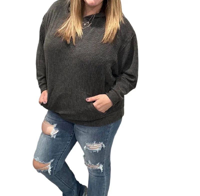 Elegant Women's Evening Garments Ribbed Hoodie In Black