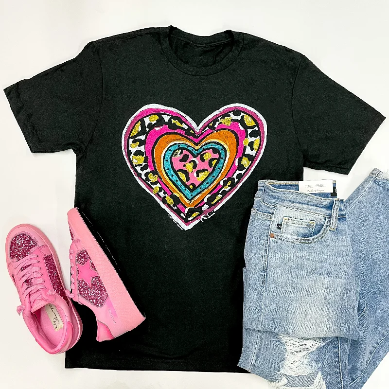 Women's Clothes For Work Take My Heart Print Block Heart Short Sleeve Graphic Tee in Black