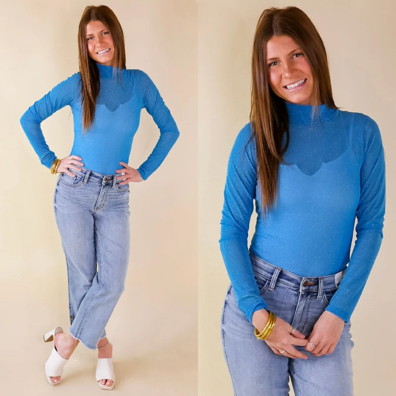 Women's Activewear Garments Try Your Luck Glitter Mesh Long Sleeve Bodysuit in Blue