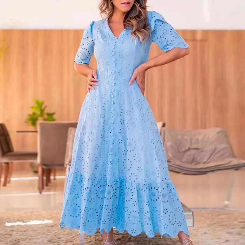 Vintage-Inspired Women's Clothes Fresh And Sweet Style Solid Dress 2022 Autumn New V-neck Ruffled Sleeves Embroidered Hollowed-out Large-swing Long Dress