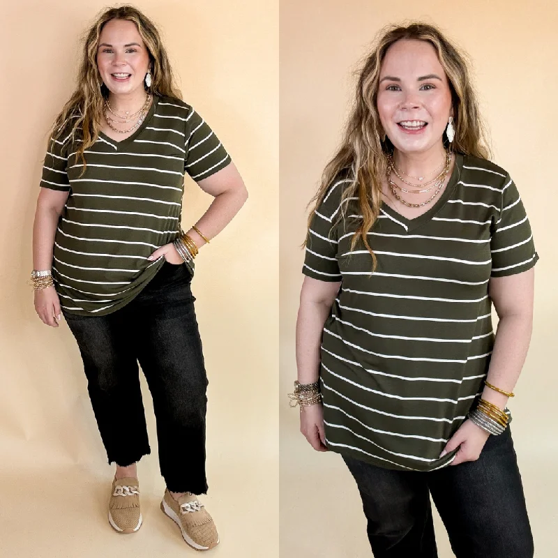 Women's Classic Outfit Last Chance Size Small & Medium | Keep Things Casual Striped V Neck Tee in Olive Green