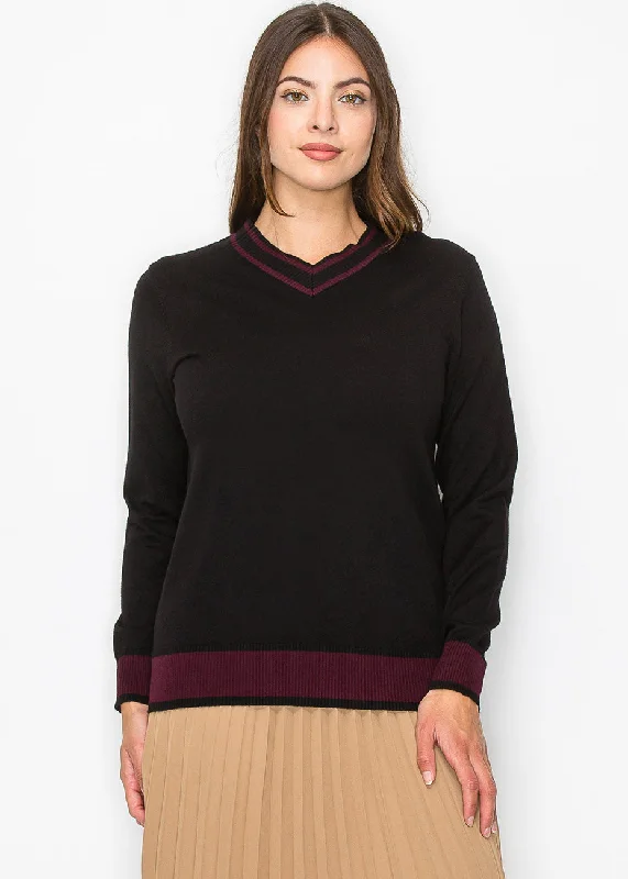 Women's Vintage Garments Black Knit Sweater with Burgundy Trim