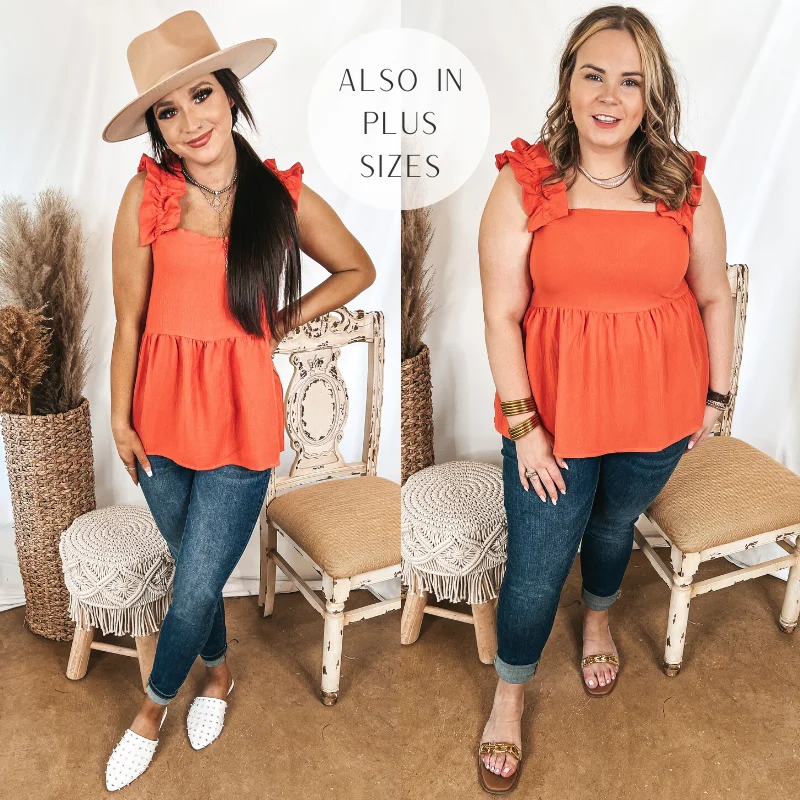 Comfortable Lounge Clothing Last Chance Size 3XL | Instant Confidence Ruffle Strap Babydoll Tank Top in Coral Orange