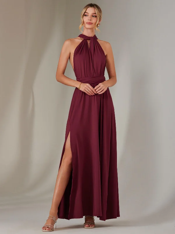 Women's Plus-Size Clothes Halter Neck Maxi Bridesmaid Dress, Burgundy