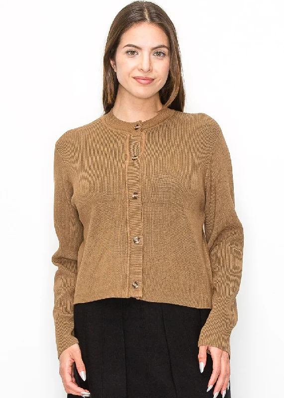 Luxury Women's Clothes Elegant Ribbed Camel Cardigan