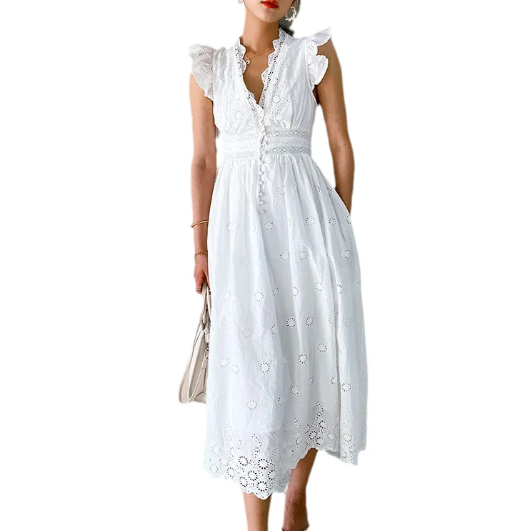 Women's Formal Event Clothing Summer Habillement Des Femme White Bohemian Lady Lace V Neck High Waist Slim Medium Length Cotton Embroidery Dress