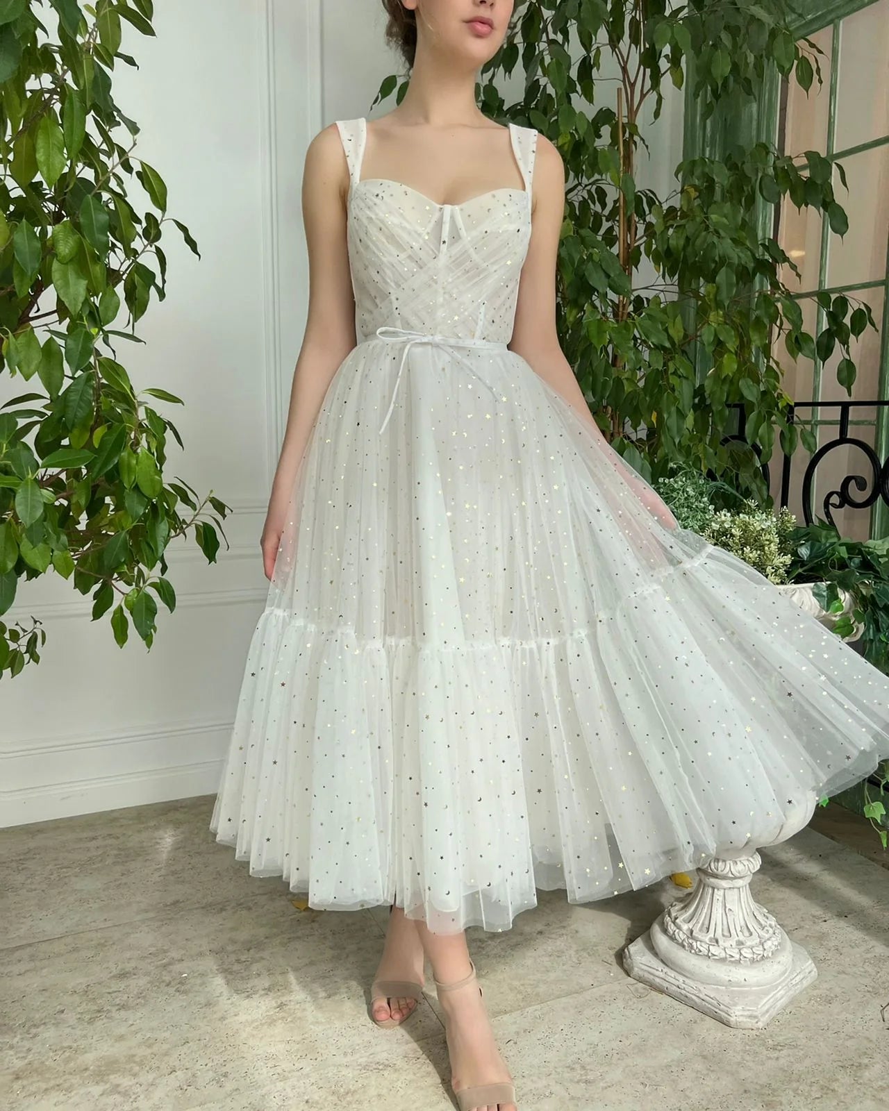 Women's Cozy Clothes Lovely A-Line Starlit Cloud Tulle Midi Slip Tea-Length Wedding Dress Prom Dress
