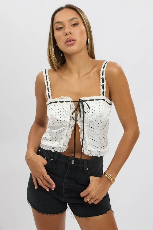 Women's High-Fashion Clothes White Polka Dot Cami Top Open Front Ribbon