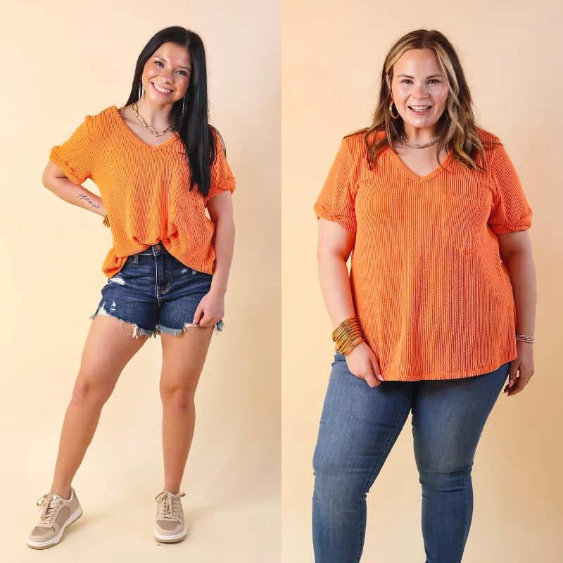 Women's Comfortable Lounge Outfit Only True Love Ribbed Short Sleeve Top with Front Pocket in Orange