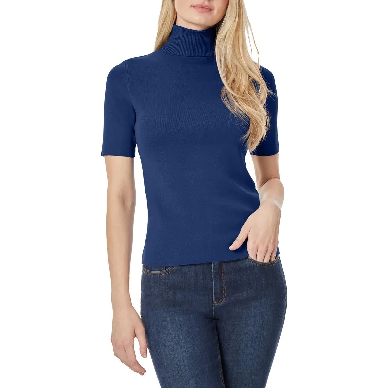 Women's High-End Clothing Womens Short Sleeve Ribbed Trim Mock Turtleneck Sweater