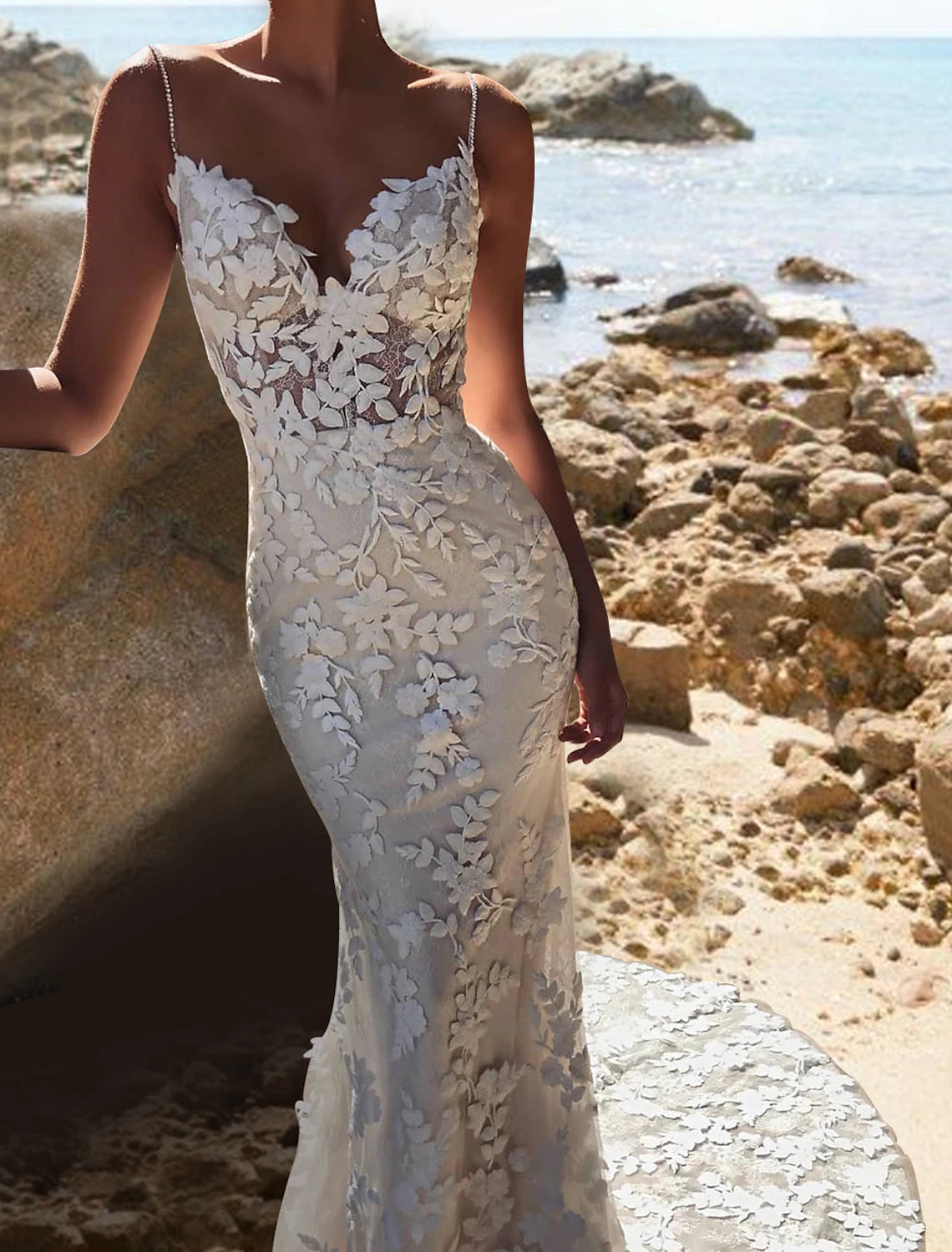 Women's Night-Out Clothes Beach Boho Wedding Dresses Mermaid / Trumpet Camisole V Neck Spaghetti Strap Chapel Train Lace Bridal Gowns With Lace Appliques