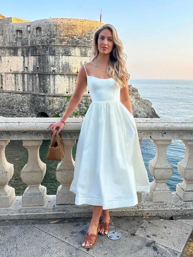 Women's Active Clothing 2024 Women's Pink and Pretty White Vacation Spaghetti Strap Beach A Line Party Casual Midi Dress Women's Active Clothing 2024 Women's Pink and Pretty White Vacation Spaghetti Strap Beach A Line Party Casual Midi Dress