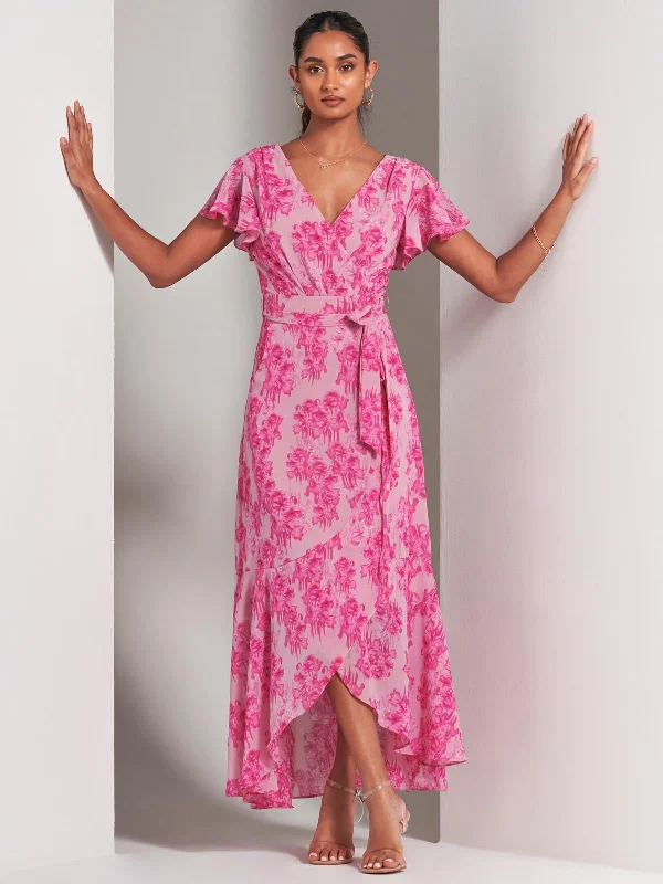 Women's Night-Out Outfit Haylie Frill Chiffon Maxi Dress, Pink Floral