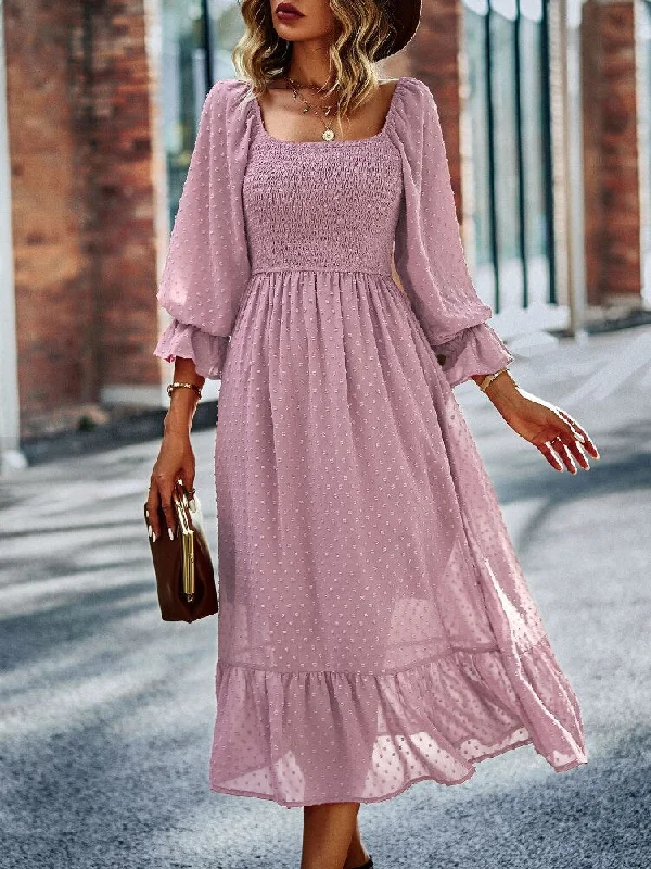 Women's Clothing For Holiday Travel FashionSierra - Chic Lace Lantern Sleeve Ruffles Square Collar Dress