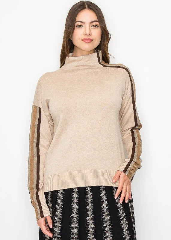 Luxury Women's Clothes Striped Sleeve Mock Neck Pullover