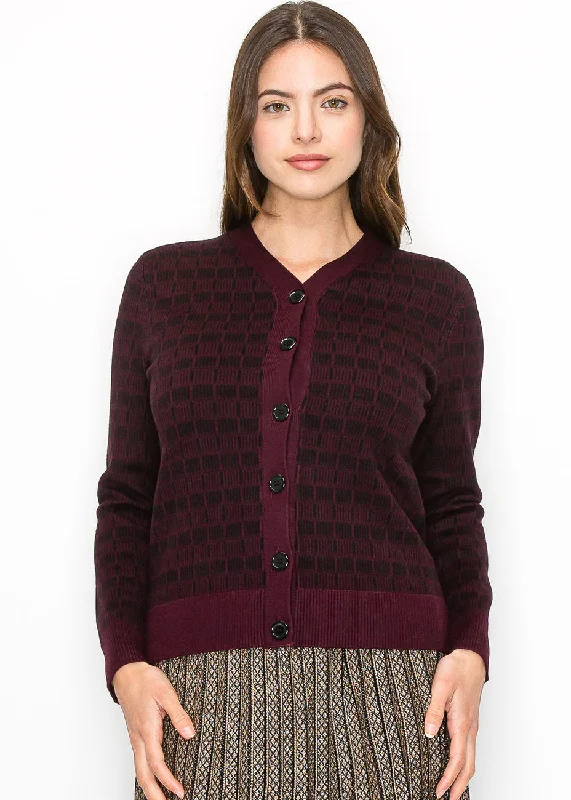 Women's Seasonal Clothing Burgundy and Black Check Knit Cardigan