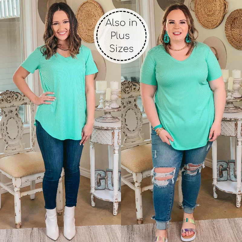 Women's Plus-Size Garments Simply Obsessed Ribbed Short Sleeve V Neck Top in Mint