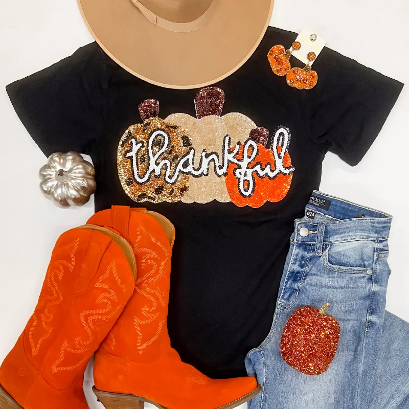 Modern Women's Attire Thankful Pumpkin Sequin Patch Short Sleeve Graphic Tee in Black