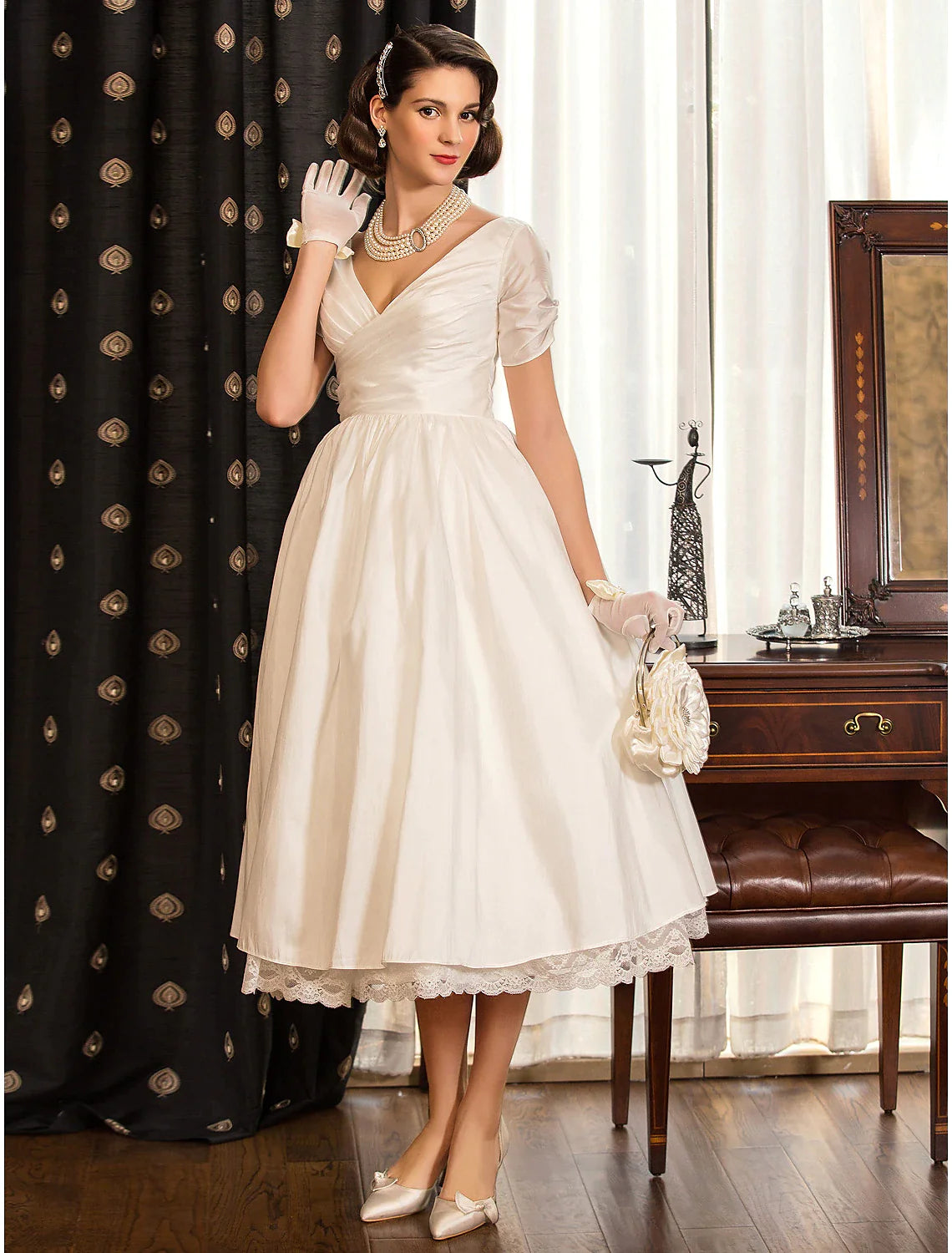 Women's Occasion Wear Apparel Reception Vintage 1940s / 1950s Little White Dresses Wedding Dresses A-Line V Neck Short Sleeve Tea Length Satin Bridal Gowns With Lace Criss Cross