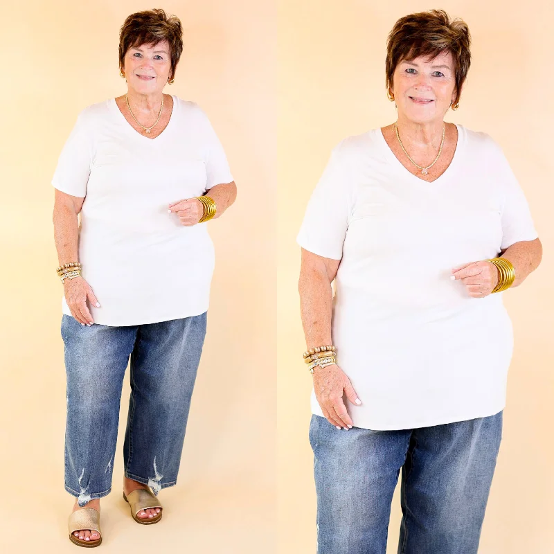 Elegant Women's Evening Garments Last Chance Size Small & Medium | It's That Simple Solid V Neck Tee in Ivory Elegant Women's Evening Garments Last Chance Size Small & Medium | It's That Simple Solid V Neck Tee in Ivory