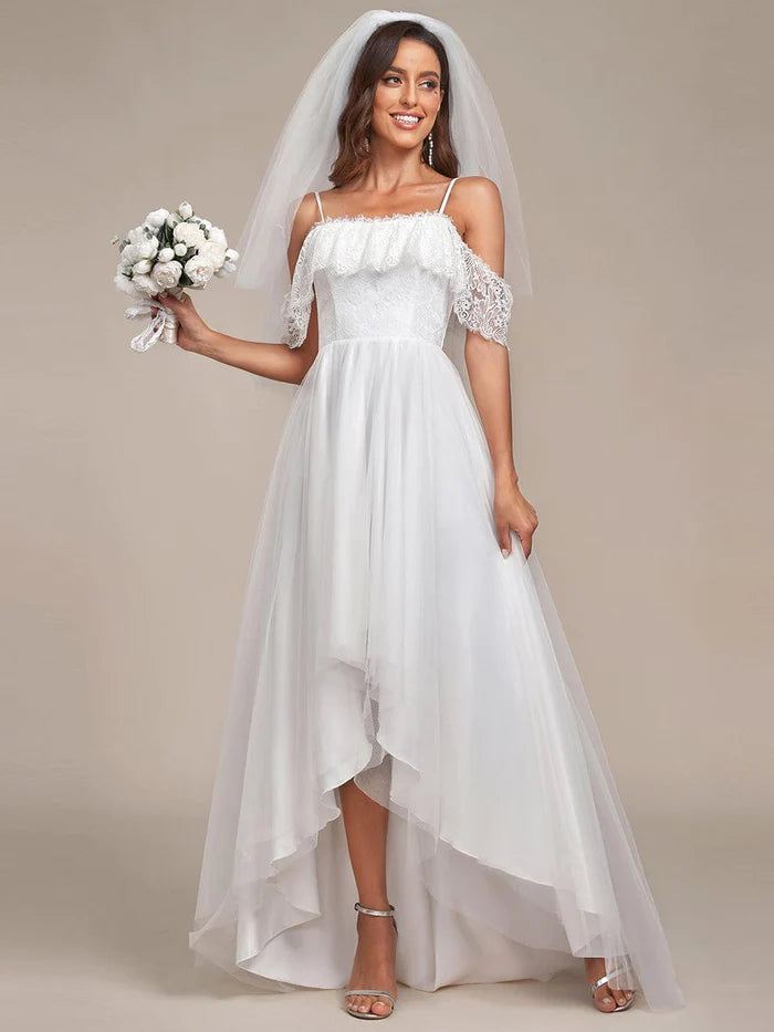 Women's Functional Apparel For Outdoor Activities Maxi Long Spaghetti Straps High Low Lace Wedding Dress