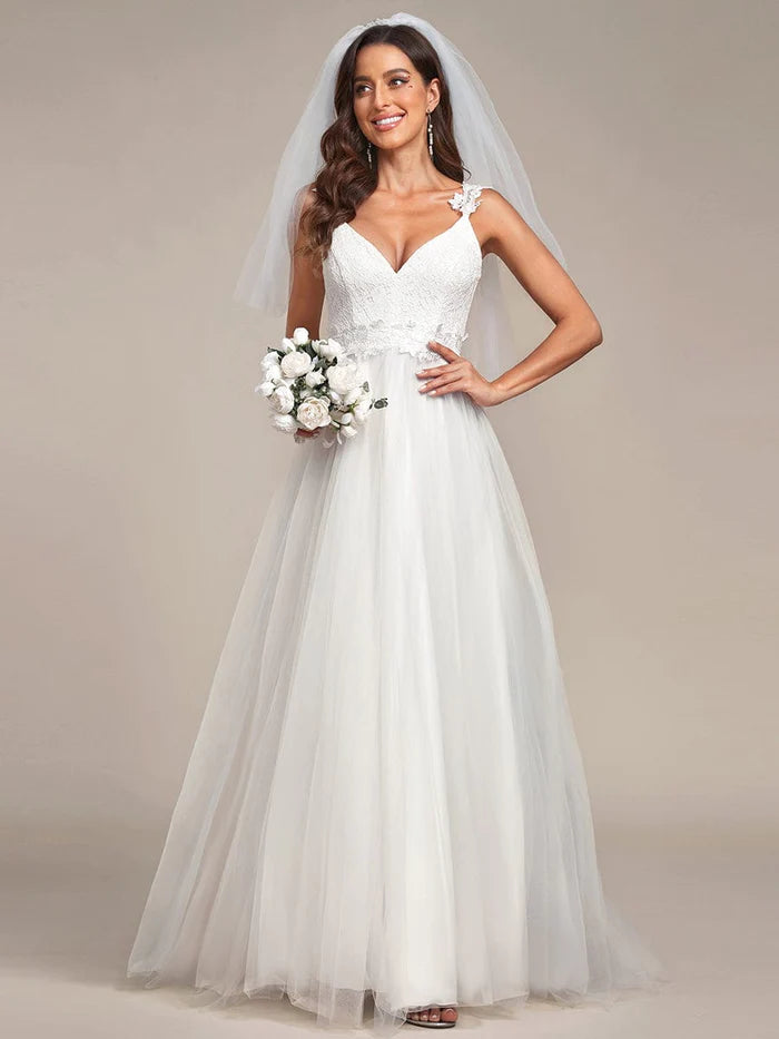 Women's Trendy Clothing Double V Neck Lace Bodice Floor Length Tulle Wedding Dress