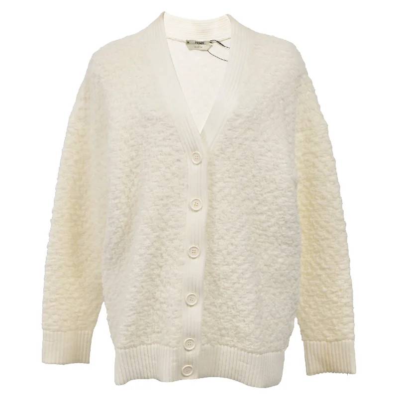 Women's Comfy Attire For Lounging Fendi Textured Button-Down Cardigan in Cream Wool