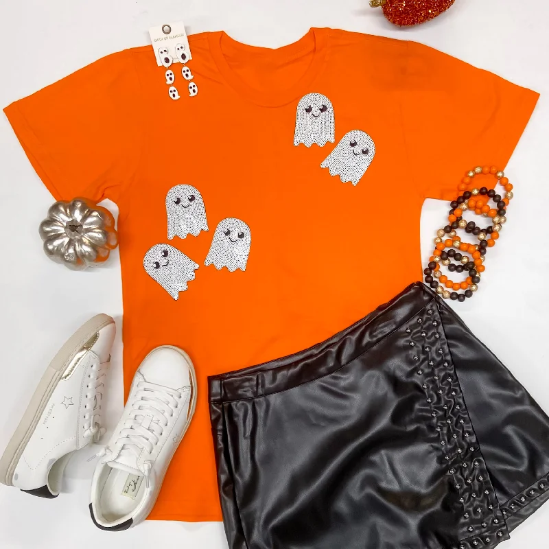 Women's Chic Outerwear Attire Not A Scare In The World Sequin Ghost Short Sleeve Graphic Tee in Orange