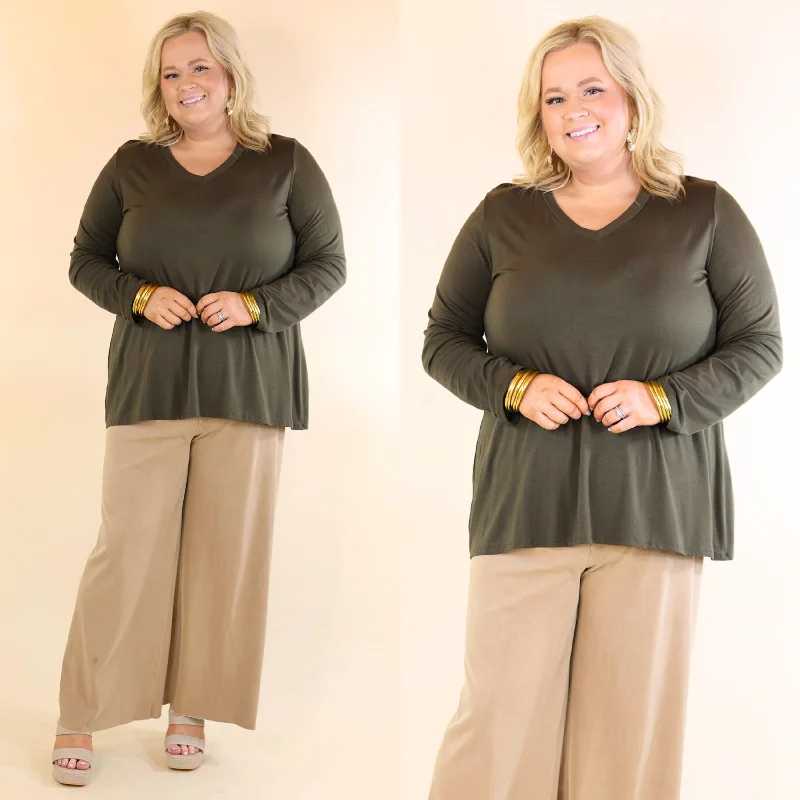 Stylish Women's Garments Plus Size | It's That Simple Solid V Neck Long Sleeve Tee in Olive Green Stylish Women's Garments Plus Size | It's That Simple Solid V Neck Long Sleeve Tee in Olive Green