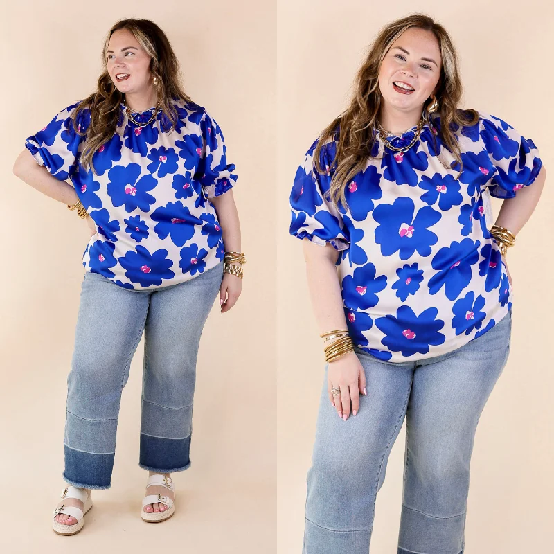 Women's Everyday Clothes Divine Design Floral Blouse With Puffed Sleeve and Ruffle Neckline in Cobalt Blue