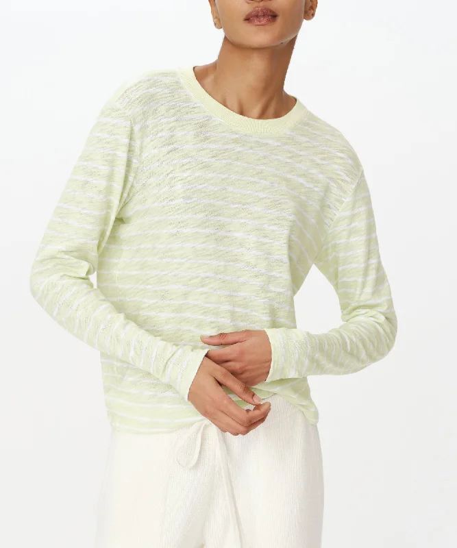 Fashion-Forward Women's Clothing Slub Jersey with Stripe Long Sleeve Destroyed Wash Crop Tee - Mint Tint-White