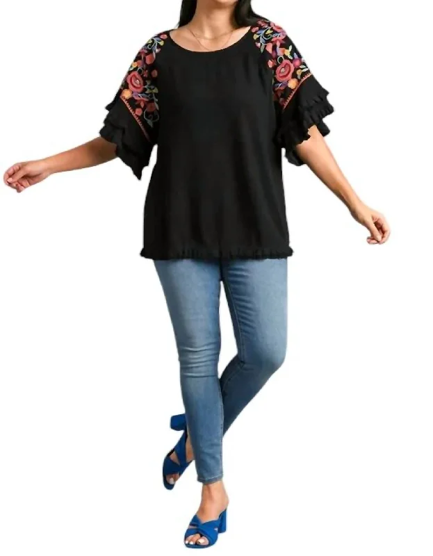 Women's Date Night Outfit Floral Embroidered Frayed Sleeve Blouse Plus In Black