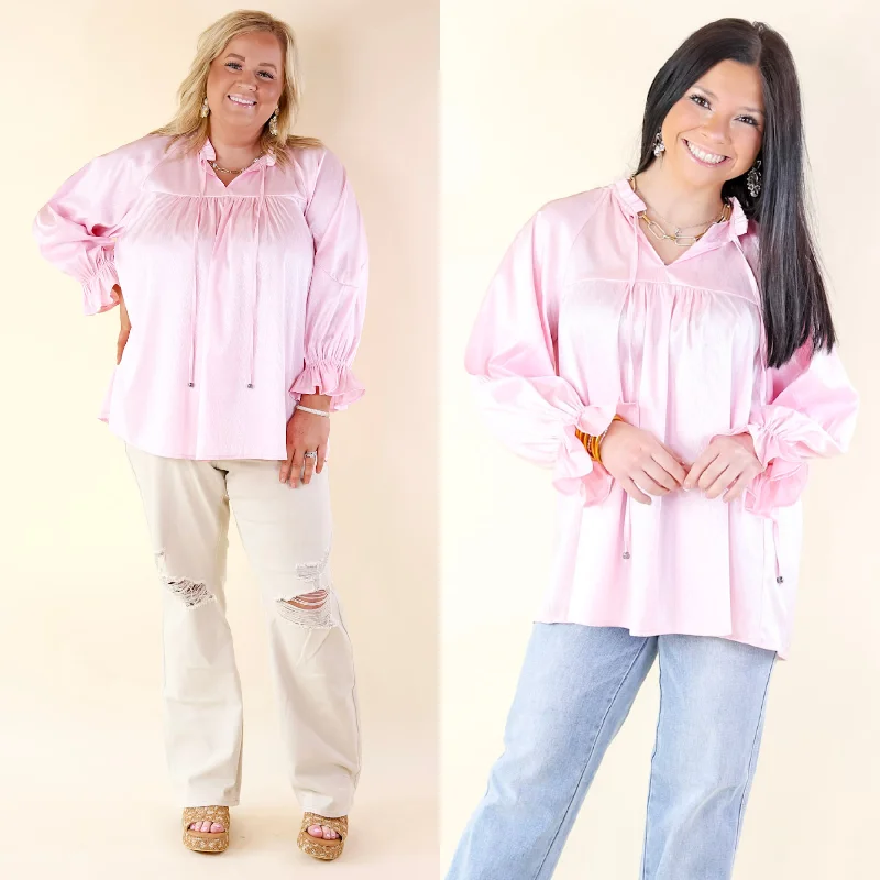 Comfortable Outfit For Women Sunset Situation Front Tie Keyhole Blouse in Light Pink