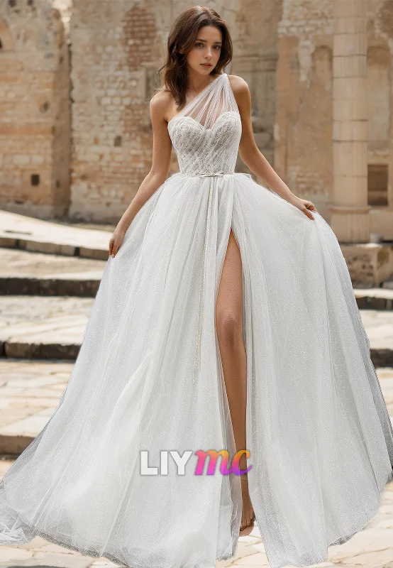 Comfortable Lounge Clothing One Shoulder Sleeveless Pleated Tulle A-Line Wedding Dress