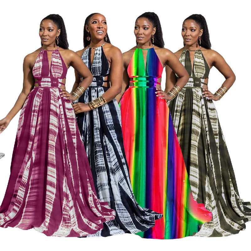 Women's Trendy Casual Outfit New Arrival Summer Dresses 2022 Wholesale Drawstring Retro Hollow Out Sleeveless Sexy Mature Women Printing Maxi Dress